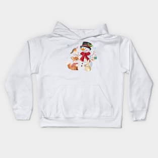 Snowman with forest animals Kids Hoodie